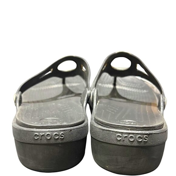 Crocs Sanrah Wedge Sandals‎ Silver Circle Black Flip Flop Slip On Womens Size 10 - Picture 4 of 10